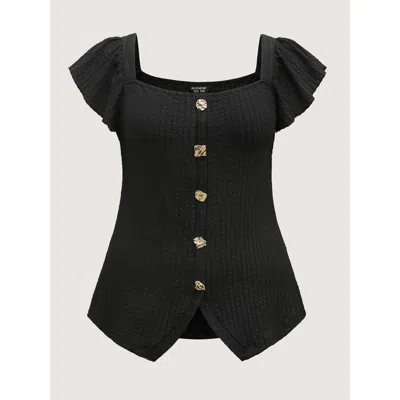 Bloomchic Women's Plus Size Textured Shape Button Flutter Sleeve Blouse Black Solid Office Short Sleeve Square In Black