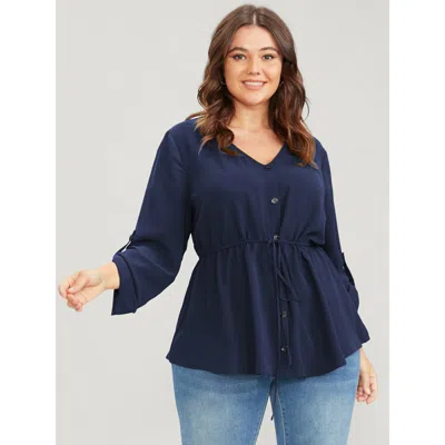 Bloomchic Women's Plus Size Solid Roll Sleeve Button Down Drawstring Blouse Navy Solid Office Long Sleeve 10/m In Blue