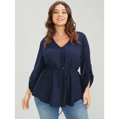Bloomchic Women's Plus Size Solid Roll Sleeve Button Down Drawstring Blouse Navy Solid Office Long Sleeve 10/m In Blue