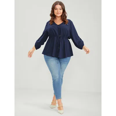 Bloomchic Women's Plus Size Solid Roll Sleeve Button Down Drawstring Blouse Navy Solid Office Long Sleeve 10/m In Blue