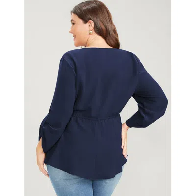Bloomchic Women's Plus Size Solid Roll Sleeve Button Down Drawstring Blouse Navy Solid Office Long Sleeve 10/m In Blue