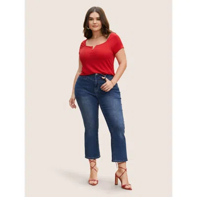 Bloomchic Women's Plus Size Solid Notched Collar Pit Strip T-shirt Brightred Solid Elegant Short Sleeve V-notc