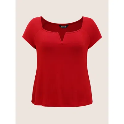 Bloomchic Women's Plus Size Solid Notched Collar Pit Strip T-shirt Brightred Solid Elegant Short Sleeve V-notc