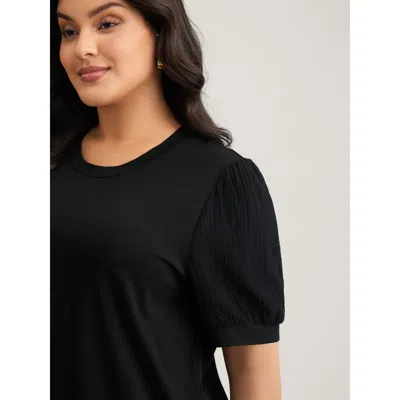 Bloomchic Women's Plus Size Plain Textured Patchwork Lantern Sleeve T-shirt Black Solid Casual Short Sleeve Ro In Black