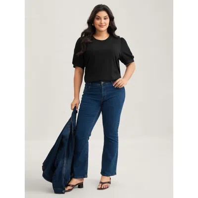 Bloomchic Women's Plus Size Plain Textured Patchwork Lantern Sleeve T-shirt Black Solid Casual Short Sleeve Ro In Black