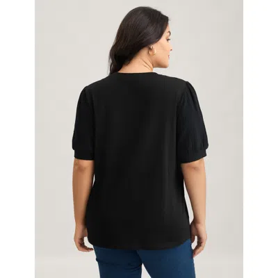 Bloomchic Women's Plus Size Plain Textured Patchwork Lantern Sleeve T-shirt Black Solid Casual Short Sleeve Ro In Black