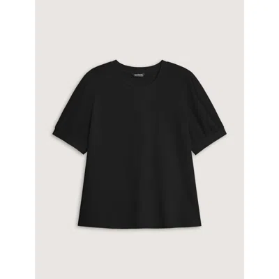 Bloomchic Women's Plus Size Plain Textured Patchwork Lantern Sleeve T-shirt Black Solid Casual Short Sleeve Ro In Black