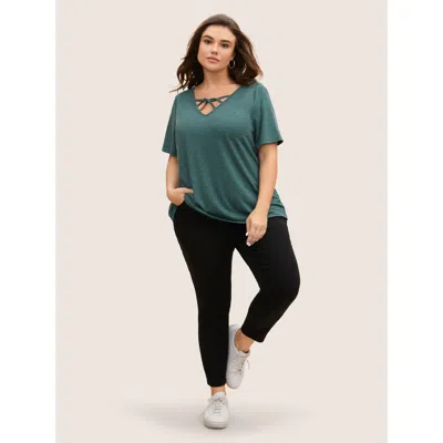 Bloomchic Women's Plus Size Solid Heather Crisscross Medium Stretch T-shirt Darkgreen Solid Everyday Short Sle In Green