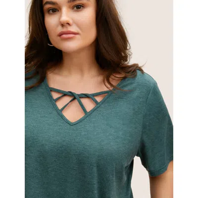 Bloomchic Women's Plus Size Solid Heather Crisscross Medium Stretch T-shirt Darkgreen Solid Everyday Short Sle In Green