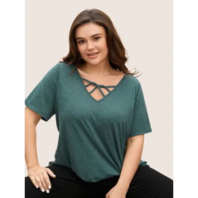 Bloomchic Women's Plus Size Solid Heather Crisscross Medium Stretch T-shirt Darkgreen Solid Everyday Short Sle In Green