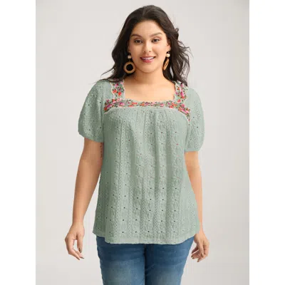 Bloomchic Women's Plus Size Eyelet Trim Floral Embroidered Solid T-shirt Mint Solid Elegant Short Sleeve Squar In Green
