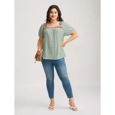 Bloomchic Women's Plus Size Eyelet Trim Floral Embroidered Solid T-shirt Mint Solid Elegant Short Sleeve Squar In Green