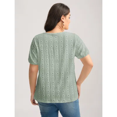 Bloomchic Women's Plus Size Eyelet Trim Floral Embroidered Solid T-shirt Mint Solid Elegant Short Sleeve Squar In Green