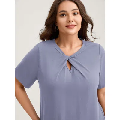 Bloomchic Women's Plus Size Knotted Cut-out Neckline Solid T-shirt Lightblue Solid Elegant Short Sleeve Asymme In Blue