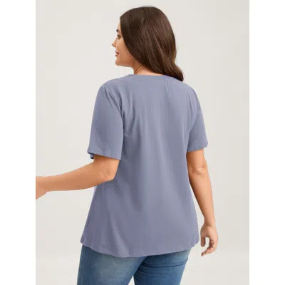 Bloomchic Women's Plus Size Knotted Cut-out Neckline Solid T-shirt Lightblue Solid Elegant Short Sleeve Asymme In Blue