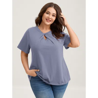 Bloomchic Women's Plus Size Knotted Cut-out Neckline Solid T-shirt Lightblue Solid Elegant Short Sleeve Asymme In Blue