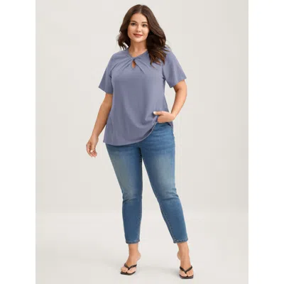 Bloomchic Women's Plus Size Knotted Cut-out Neckline Solid T-shirt Lightblue Solid Elegant Short Sleeve Asymme In Blue