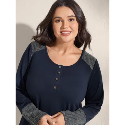 Bloomchic Women's Plus Size Supersoft Ribbed Button Neckline Fitted T-shirt Indigo Color Block Casual Long Sle In Purple