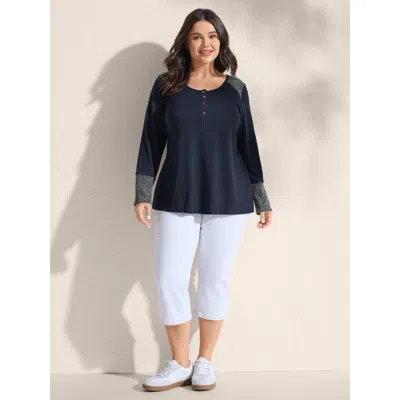 Bloomchic Women's Plus Size Supersoft Ribbed Button Neckline Fitted T-shirt Indigo Color Block Casual Long Sle In Purple