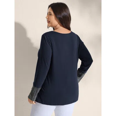 Bloomchic Women's Plus Size Supersoft Ribbed Button Neckline Fitted T-shirt Indigo Color Block Casual Long Sle In Purple
