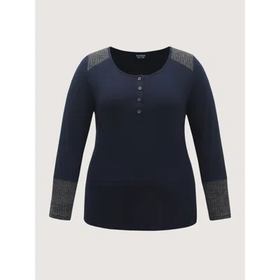 Bloomchic Women's Plus Size Supersoft Ribbed Button Neckline Fitted T-shirt Indigo Color Block Casual Long Sle In Purple