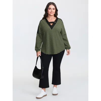 Bloomchic Women's Plus Size Textured Striped Stretchy Color Contrast T-shirt Armygreen Synthetic Texture Casua