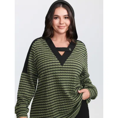 Bloomchic Women's Plus Size Textured Striped Stretchy Color Contrast T-shirt Armygreen Synthetic Texture Casua