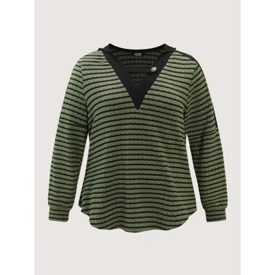 Bloomchic Women's Plus Size Textured Striped Stretchy Color Contrast T-shirt Armygreen Synthetic Texture Casua
