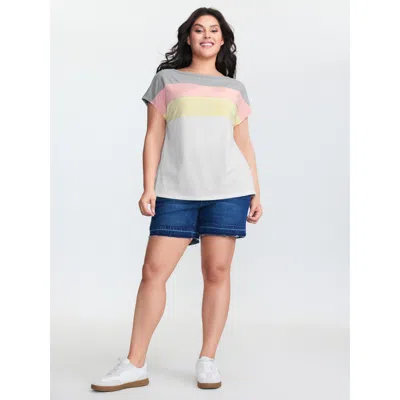 Bloomchic Women's Plus Size Color Stripe Boat Neck T-shirt Opticwhite Non Casual Short Sleeve 10/m In White