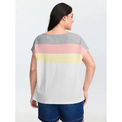 Bloomchic Women's Plus Size Color Stripe Boat Neck T-shirt Opticwhite Non Casual Short Sleeve 10/m In White
