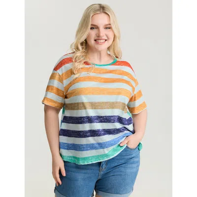 Bloomchic Women's Plus Size Multi-color Stripe Print Round Neck T-shirt Multicolor Stripes Casual Half Sleeve 