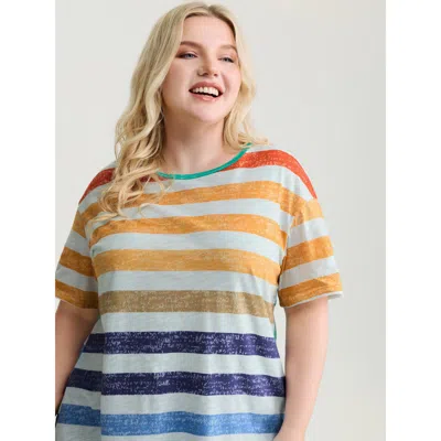 Bloomchic Women's Plus Size Multi-color Stripe Print Round Neck T-shirt Multicolor Stripes Casual Half Sleeve 