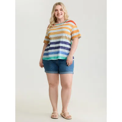 Bloomchic Women's Plus Size Multi-color Stripe Print Round Neck T-shirt Multicolor Stripes Casual Half Sleeve 