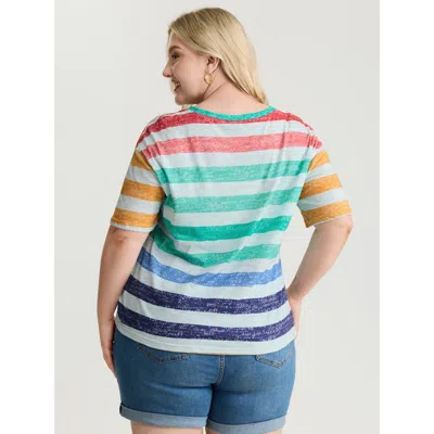 Bloomchic Women's Plus Size Multi-color Stripe Print Round Neck T-shirt Multicolor Stripes Casual Half Sleeve 