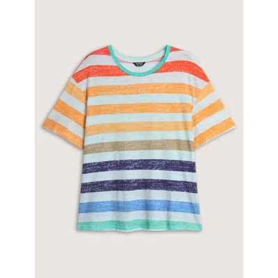 Bloomchic Women's Plus Size Multi-color Stripe Print Round Neck T-shirt Multicolor Stripes Casual Half Sleeve 