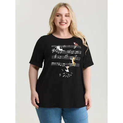 Bloomchic Women's Plus Size Cat Tunes Print Stretchy T-shirt Black Non Casual Short Sleeve 12/l