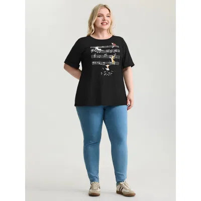 Bloomchic Women's Plus Size Cat Tunes Print Stretchy T-shirt Black Non Casual Short Sleeve 12/l