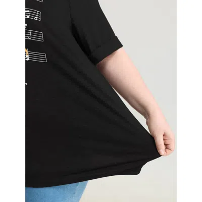 Bloomchic Women's Plus Size Cat Tunes Print Stretchy T-shirt Black Non Casual Short Sleeve 12/l