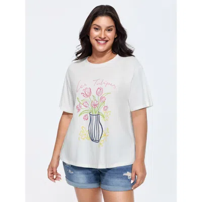 Bloomchic Women's Plus Size Cotton Floral Vase Print T-shirt Whitesmoke Solid Casual Short Sleeve Round Neck 1