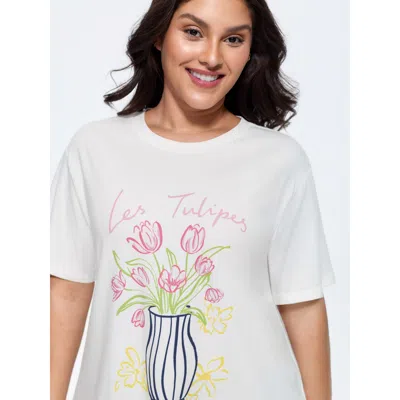 Bloomchic Women's Plus Size Cotton Floral Vase Print T-shirt Whitesmoke Solid Casual Short Sleeve Round Neck 1