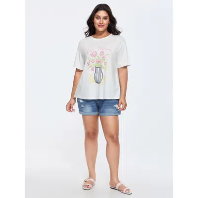 Bloomchic Women's Plus Size Cotton Floral Vase Print T-shirt Whitesmoke Solid Casual Short Sleeve Round Neck 1