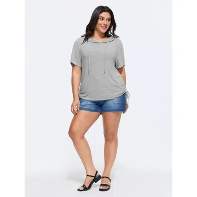 Bloomchic Women's Plus Size Stretchy Hooded Drawstring Adjustable T-shirt Lightgray Solid Casual Short Sleeve  In Gray