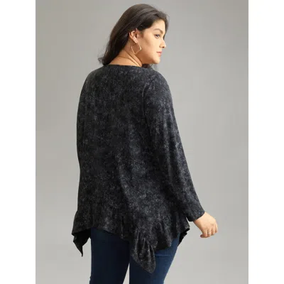 Bloomchic Women's Plus Size Vintage Print V Neck Hanky Hem T-shirt Black Long Sleeve Dailywear 10/m