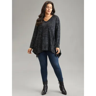 Bloomchic Women's Plus Size Vintage Print V Neck Hanky Hem T-shirt Black Long Sleeve Dailywear 10/m