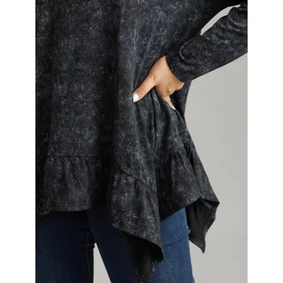 Bloomchic Women's Plus Size Vintage Print V Neck Hanky Hem T-shirt Black Long Sleeve Dailywear 10/m