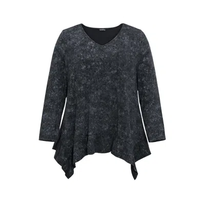 Bloomchic Women's Plus Size Vintage Print V Neck Hanky Hem T-shirt Black Long Sleeve Dailywear 10/m