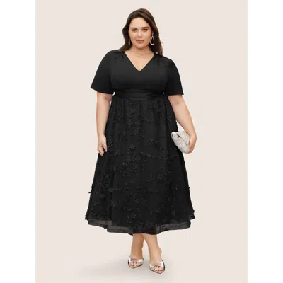 Bloomchic Women's Plus Size Stereo Floral Embroidered Patchwork Mesh Dress Black Non Midi Party Pleated 12/l