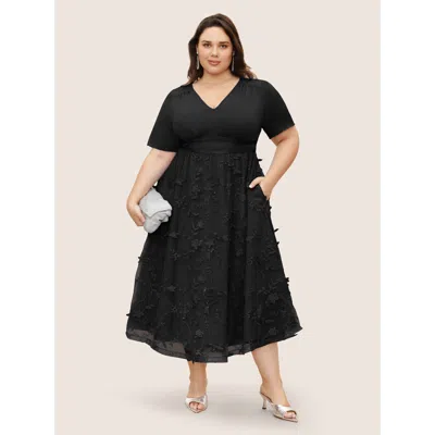 Bloomchic Women's Plus Size Stereo Floral Embroidered Patchwork Mesh Dress Black Non Midi Party Pleated 12/l