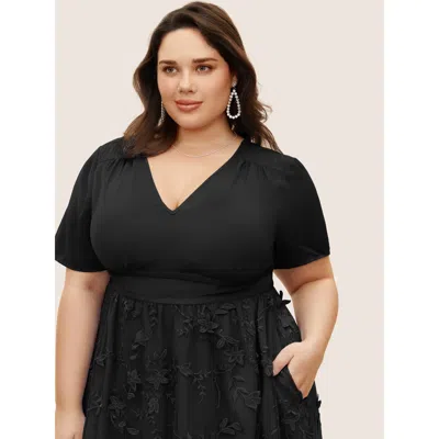 Bloomchic Women's Plus Size Stereo Floral Embroidered Patchwork Mesh Dress Black Non Midi Party Pleated 12/l