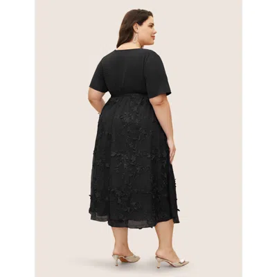 Bloomchic Women's Plus Size Stereo Floral Embroidered Patchwork Mesh Dress Black Non Midi Party Pleated 12/l